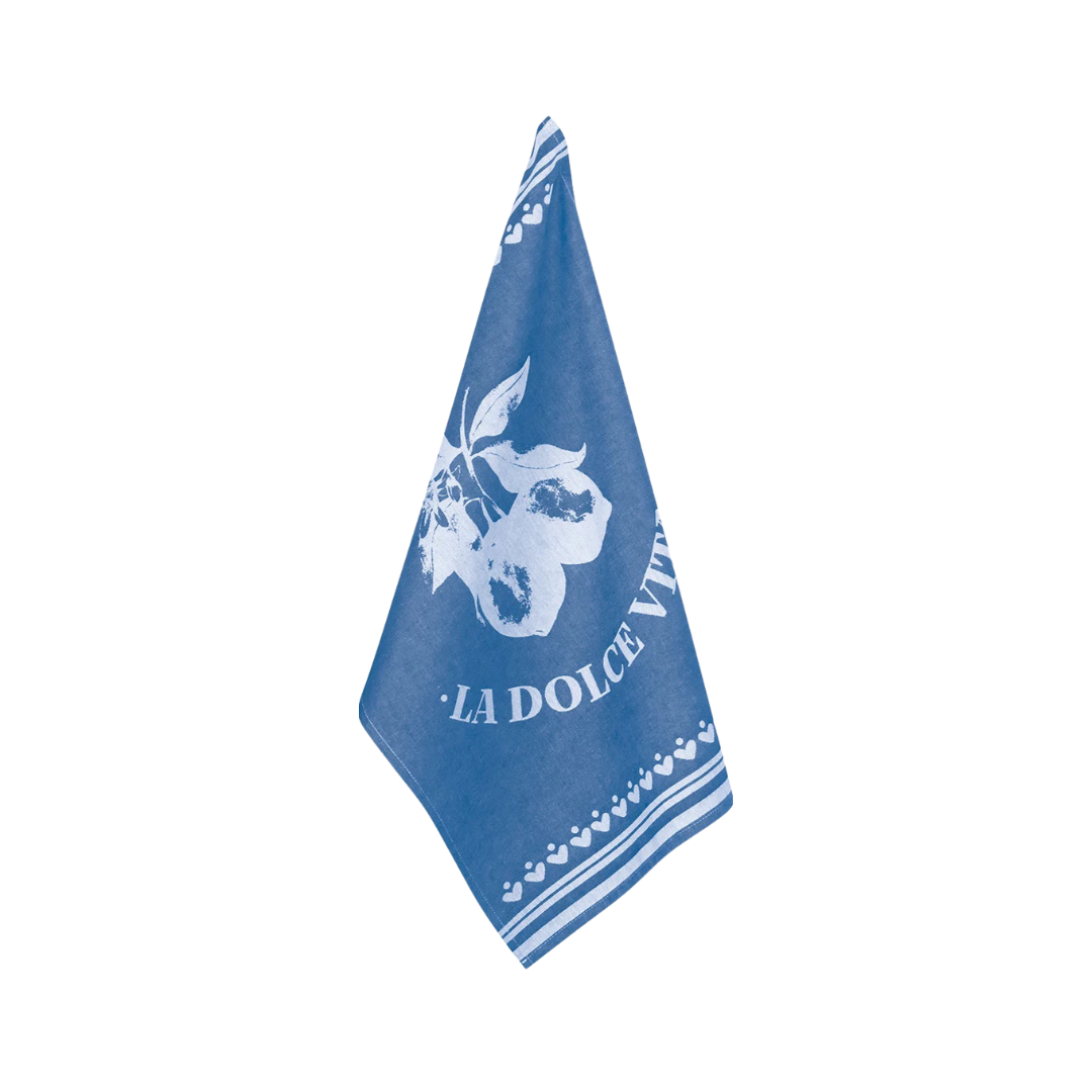 PAD Geschirrtuch „Vita“ in blau mit Spruch und Zitrone – stilvolles Küchenaccessoire aus Baumwolle