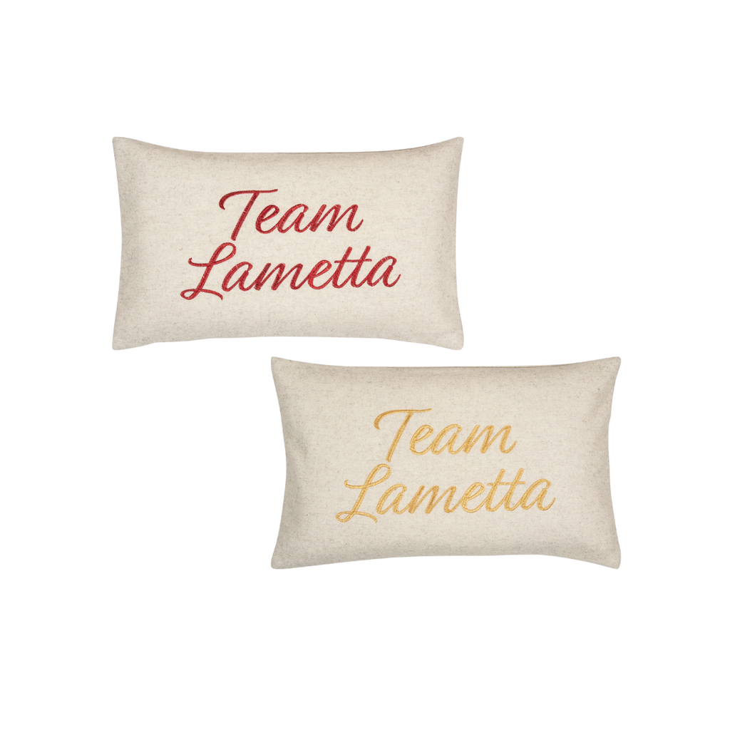 PAD Kissenbezug „Team Lametta“ mit festlichem Schriftzug – weihnachtliche Dekoidee mit Humor